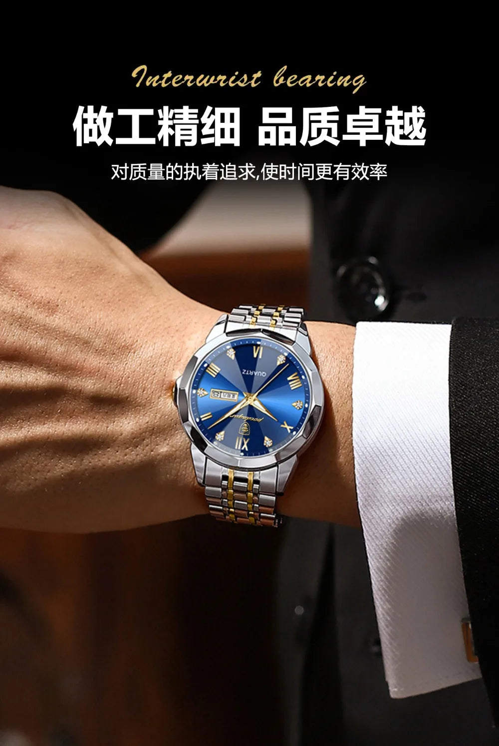 Luxury Watches for Men Date Week Luminous Diamond Roman Numeral Dial Stainless Steel Mens Watch Waterproof Dress Casual Reloj