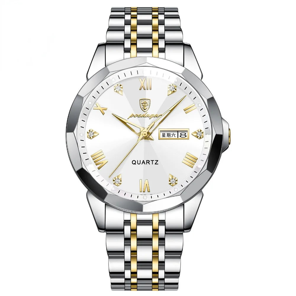 Luxury Watches for Men Date Week Luminous Diamond Roman Numeral Dial Stainless Steel Mens Watch Waterproof Dress Casual Reloj