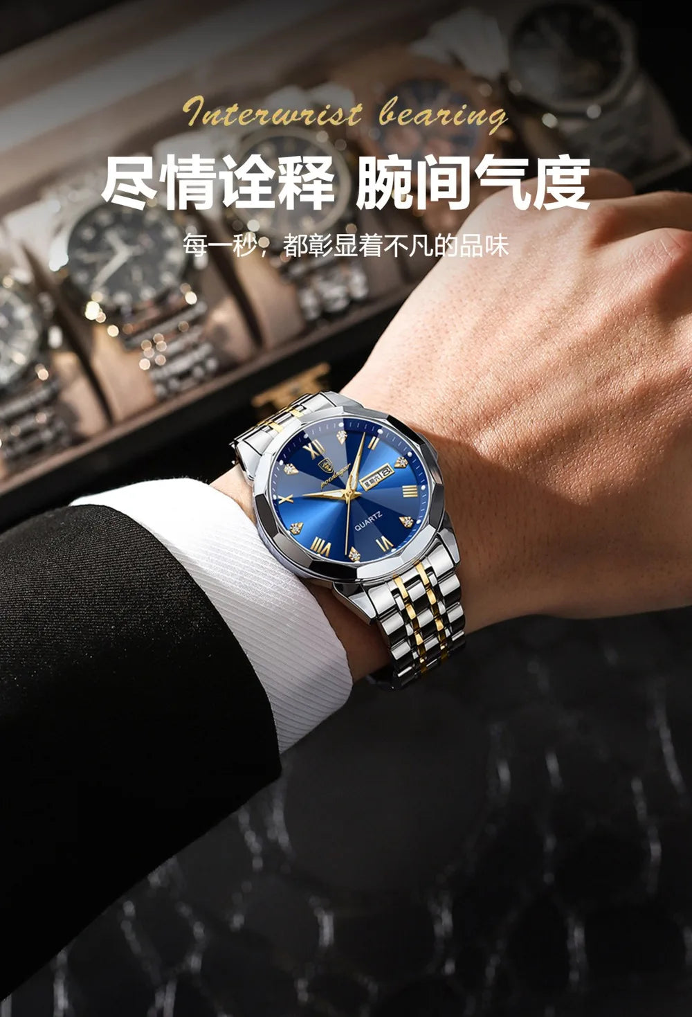 Luxury Watches for Men Date Week Luminous Diamond Roman Numeral Dial Stainless Steel Mens Watch Waterproof Dress Casual Reloj