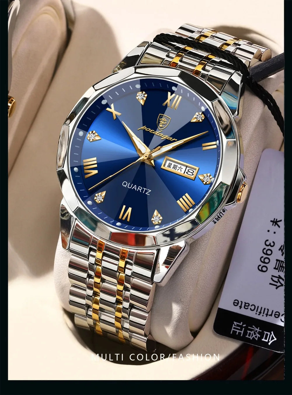 Luxury Watches for Men Date Week Luminous Diamond Roman Numeral Dial Stainless Steel Mens Watch Waterproof Dress Casual Reloj