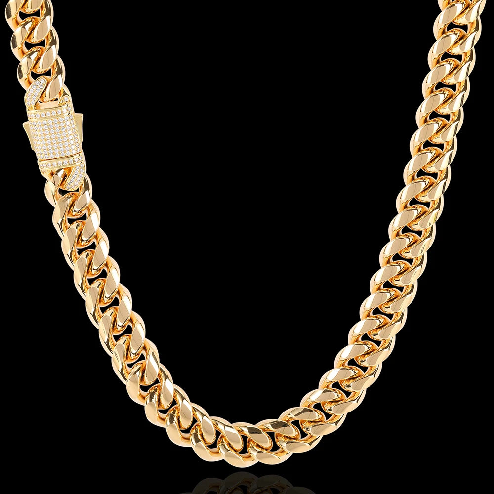 Gold Plated Mens Heavy Miami Cuban Link Chain Choker with Lab Diamond Clasp Stainless Steel Hip Hop Thick 10mm/12mm Necklace