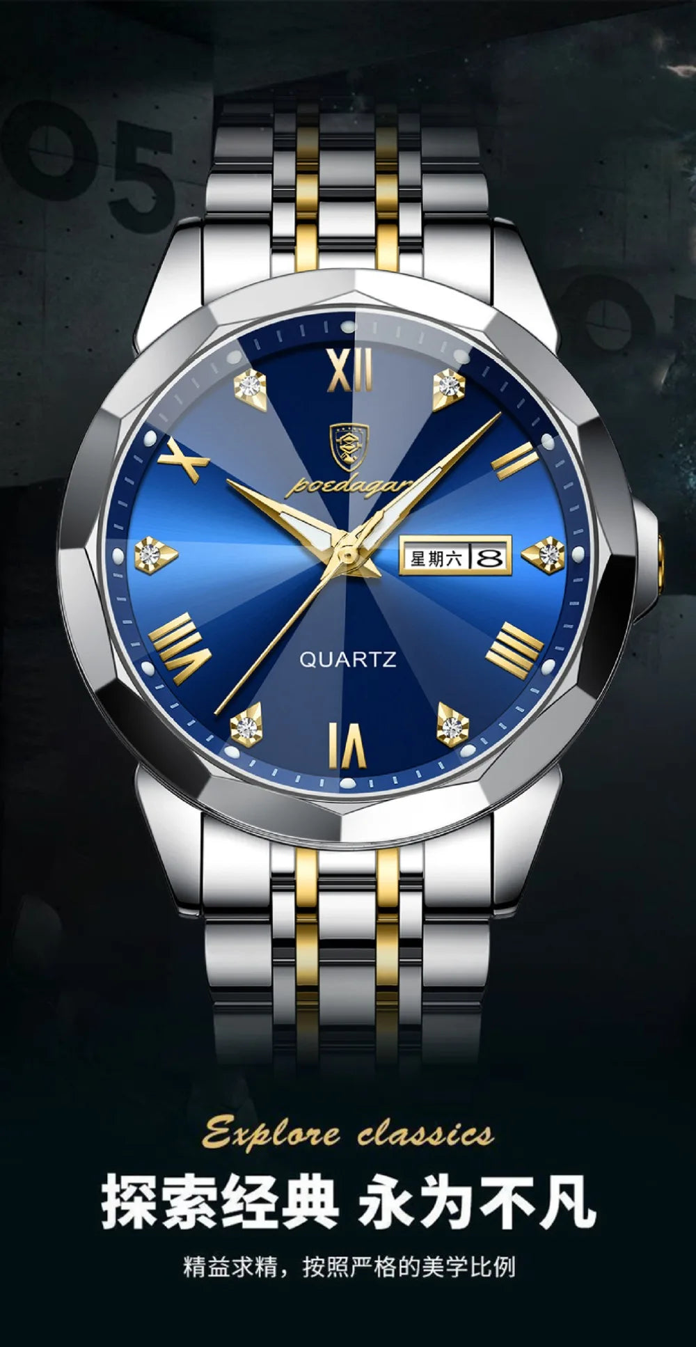 Luxury Watches for Men Date Week Luminous Diamond Roman Numeral Dial Stainless Steel Mens Watch Waterproof Dress Casual Reloj