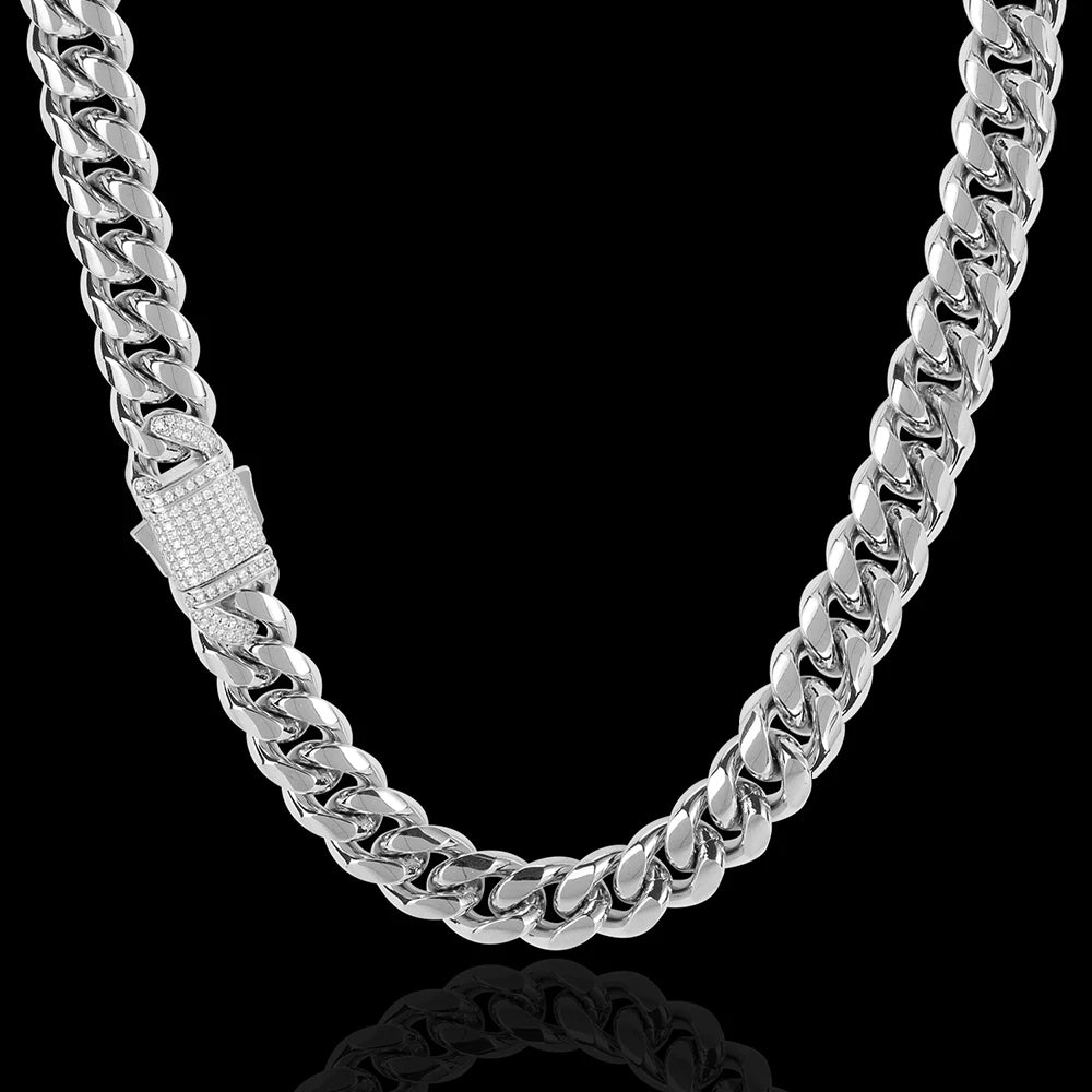 Gold Plated Mens Heavy Miami Cuban Link Chain Choker with Lab Diamond Clasp Stainless Steel Hip Hop Thick 10mm/12mm Necklace