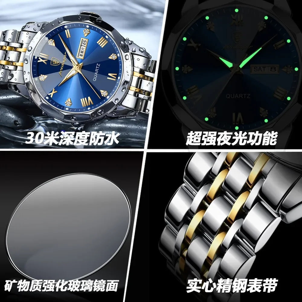 Luxury Watches for Men Date Week Luminous Diamond Roman Numeral Dial Stainless Steel Mens Watch Waterproof Dress Casual Reloj