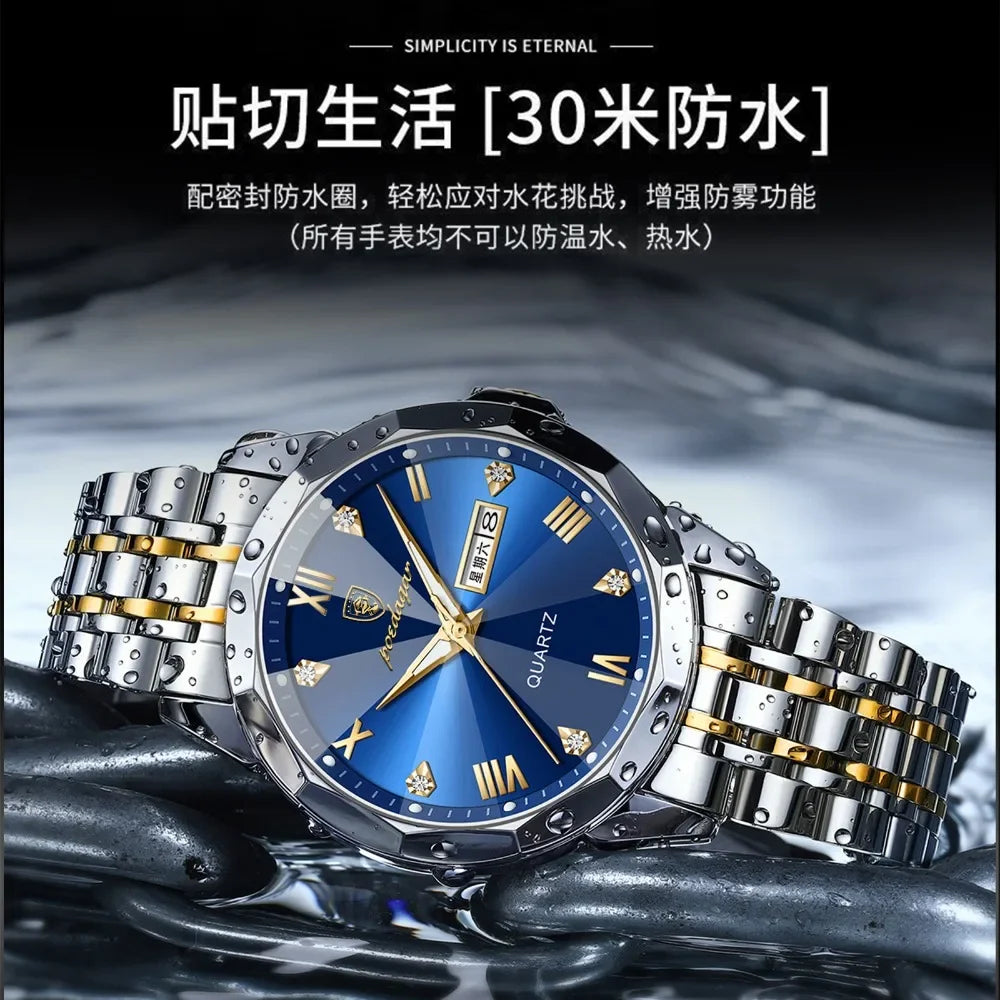 Luxury Watches for Men Date Week Luminous Diamond Roman Numeral Dial Stainless Steel Mens Watch Waterproof Dress Casual Reloj