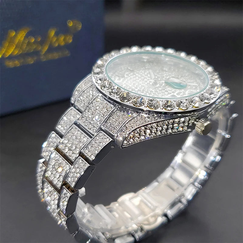 Luxury Men Watch Bling Bling Big Diamond Quartz Watches Male Hip Hop Rock Stylish Waterproof Calendar Wristwatches Droshipping