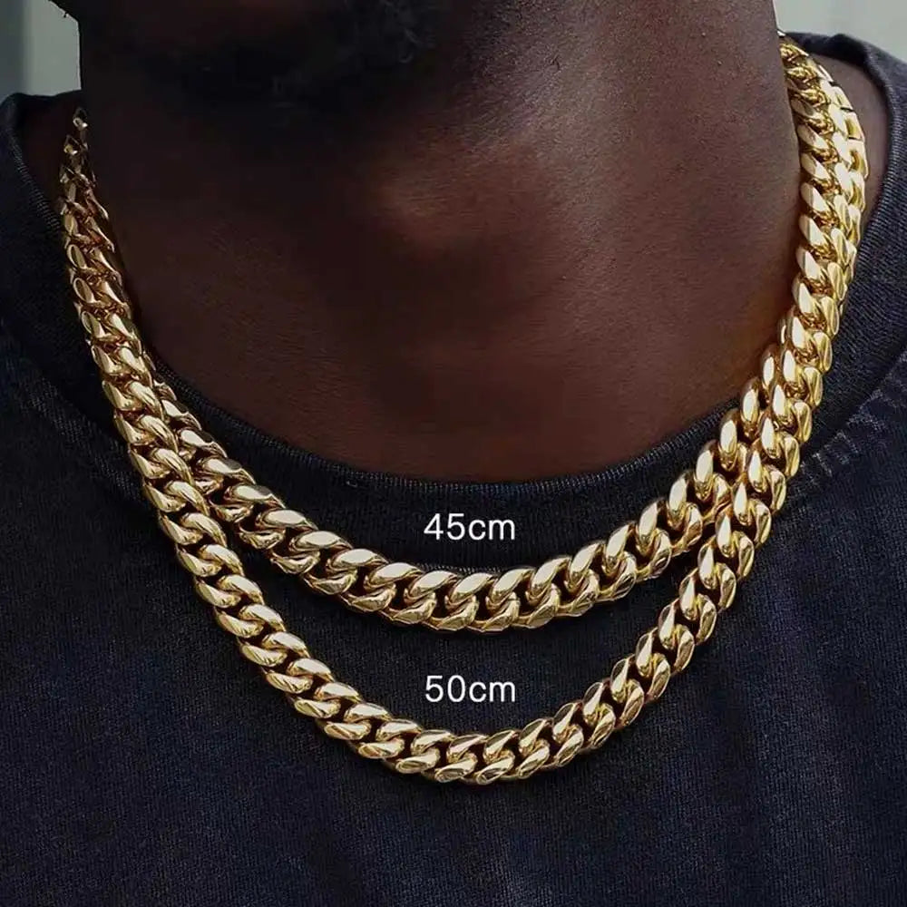 Gold Plated Mens Heavy Miami Cuban Link Chain Choker with Lab Diamond Clasp Stainless Steel Hip Hop Thick 10mm/12mm Necklace