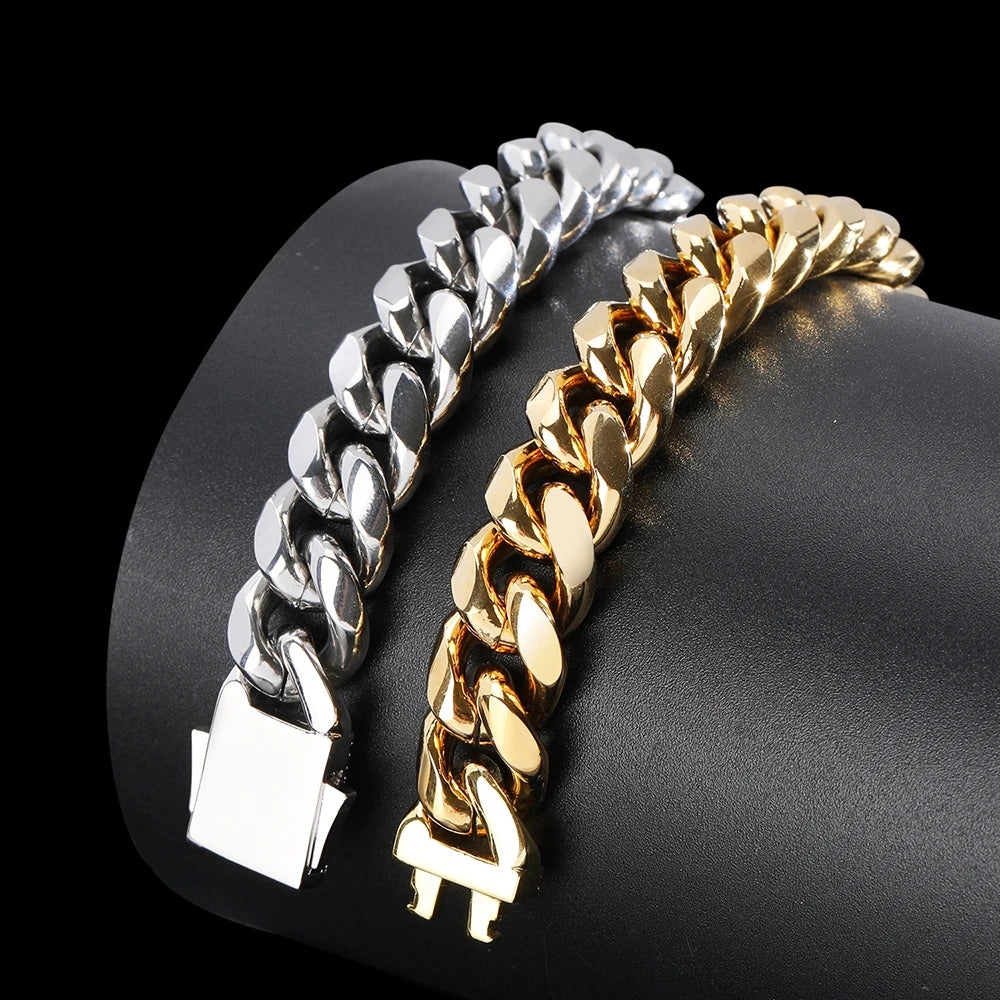 Gold Plated Mens Heavy Miami Cuban Link Chain Choker with Lab Diamond Clasp Stainless Steel Hip Hop Thick 10mm/12mm Necklace