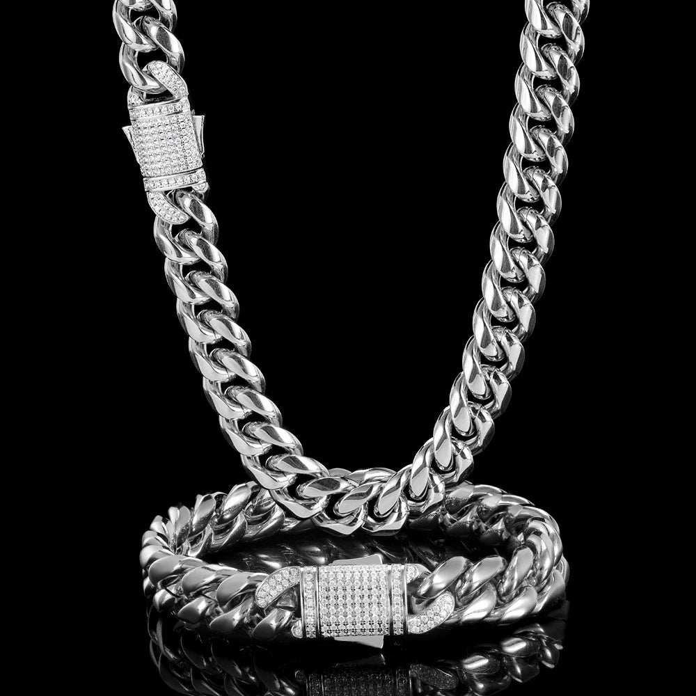 Gold Plated Mens Heavy Miami Cuban Link Chain Choker with Lab Diamond Clasp Stainless Steel Hip Hop Thick 10mm/12mm Necklace