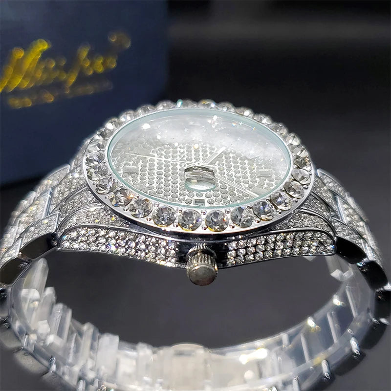 Luxury Men Watch Bling Bling Big Diamond Quartz Watches Male Hip Hop Rock Stylish Waterproof Calendar Wristwatches Droshipping