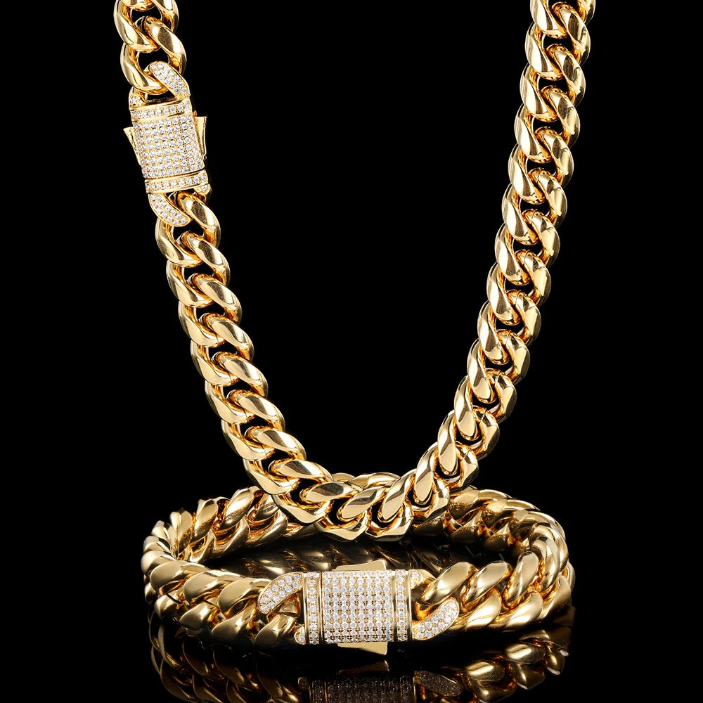 Gold Plated Mens Heavy Miami Cuban Link Chain Choker with Lab Diamond Clasp Stainless Steel Hip Hop Thick 10mm/12mm Necklace