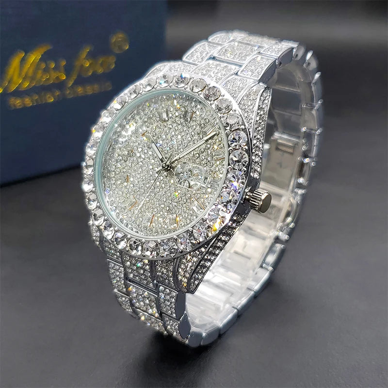 Luxury Men Watch Bling Bling Big Diamond Quartz Watches Male Hip Hop Rock Stylish Waterproof Calendar Wristwatches Droshipping