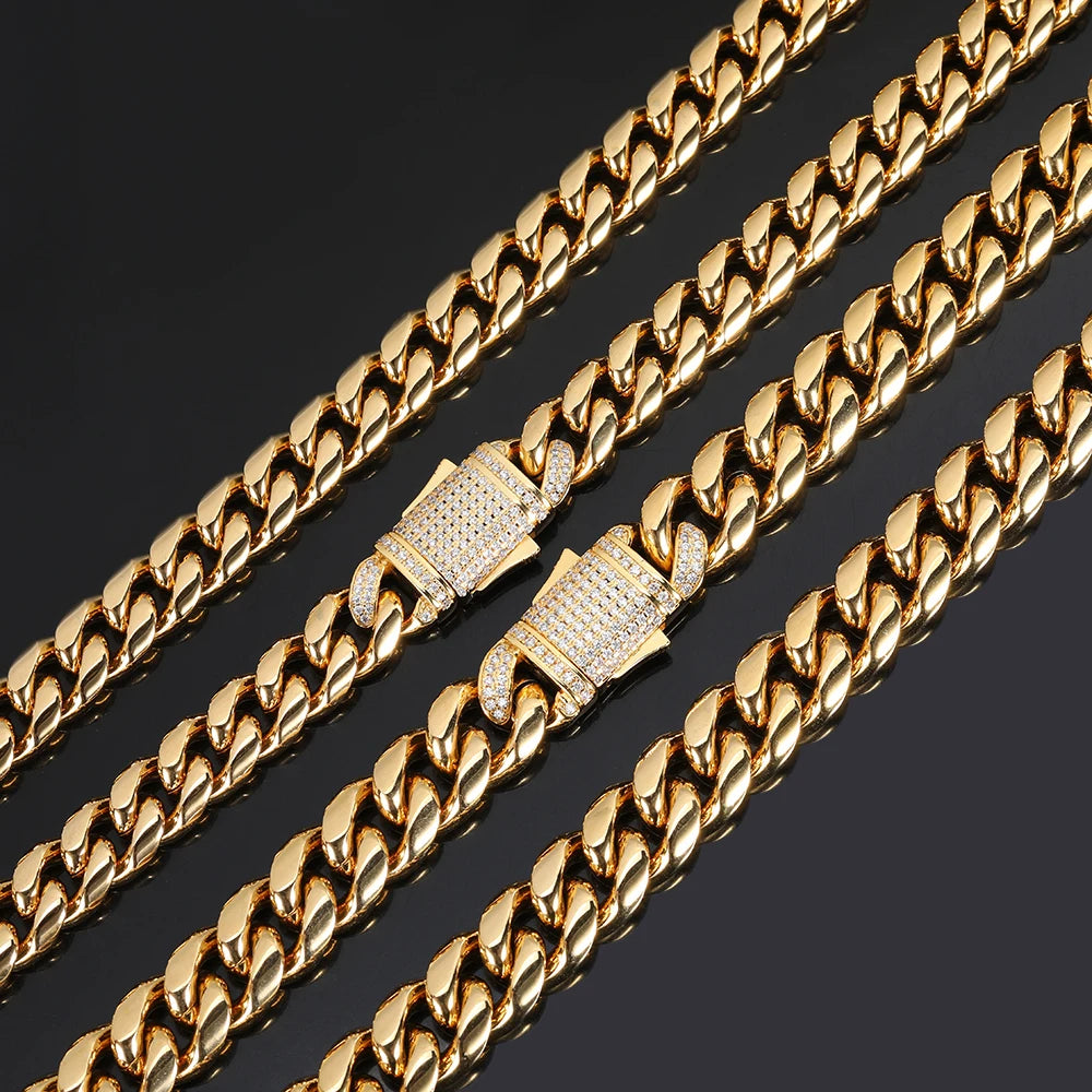 Gold Plated Mens Heavy Miami Cuban Link Chain Choker with Lab Diamond Clasp Stainless Steel Hip Hop Thick 10mm/12mm Necklace