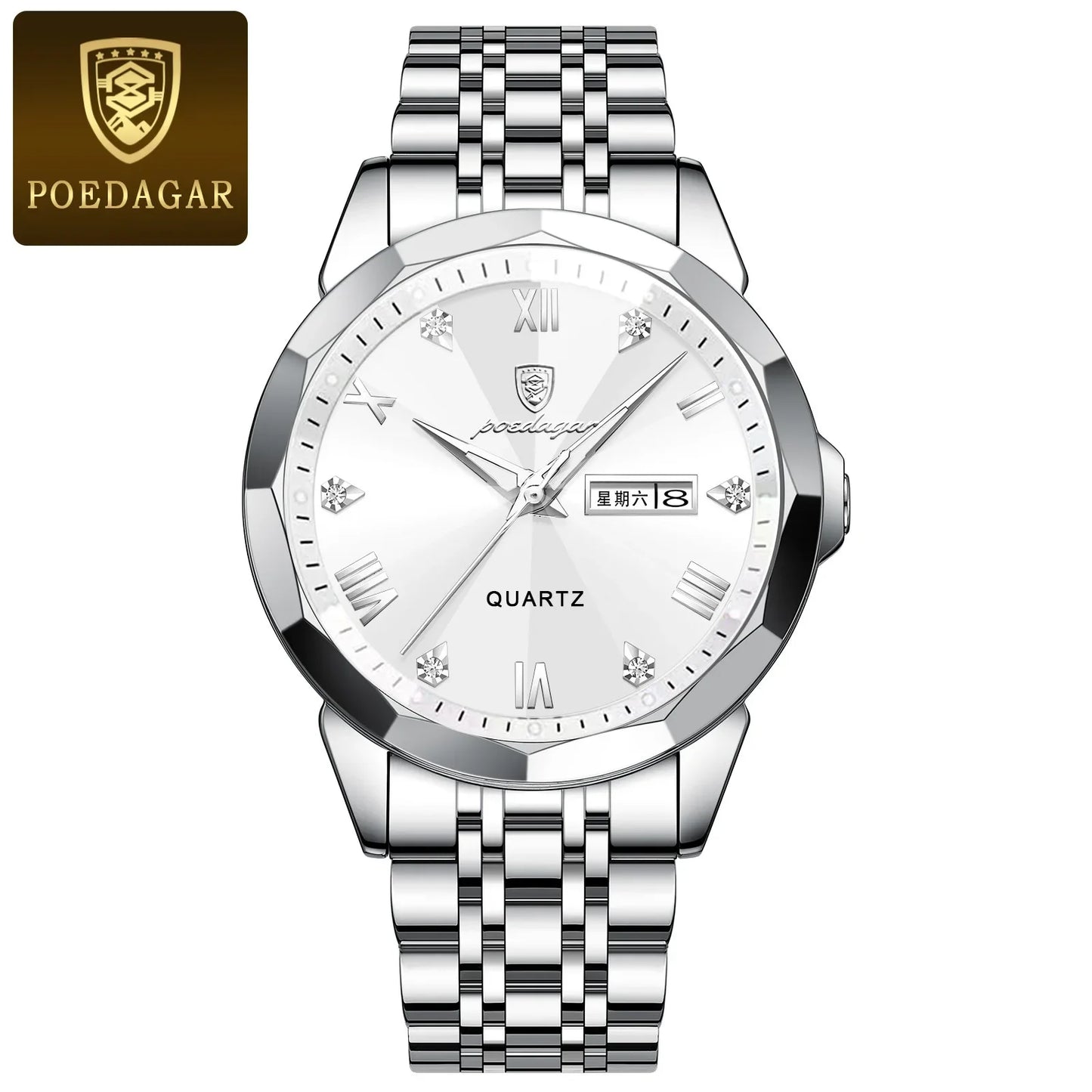 Luxury Watches for Men Date Week Luminous Diamond Roman Numeral Dial Stainless Steel Mens Watch Waterproof Dress Casual Reloj